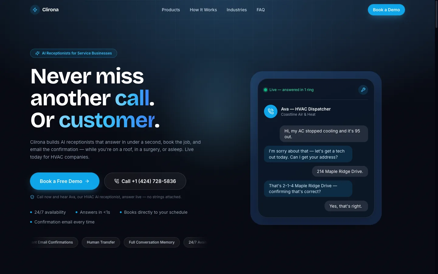 Clirona AI receptionist answering an HVAC call live
