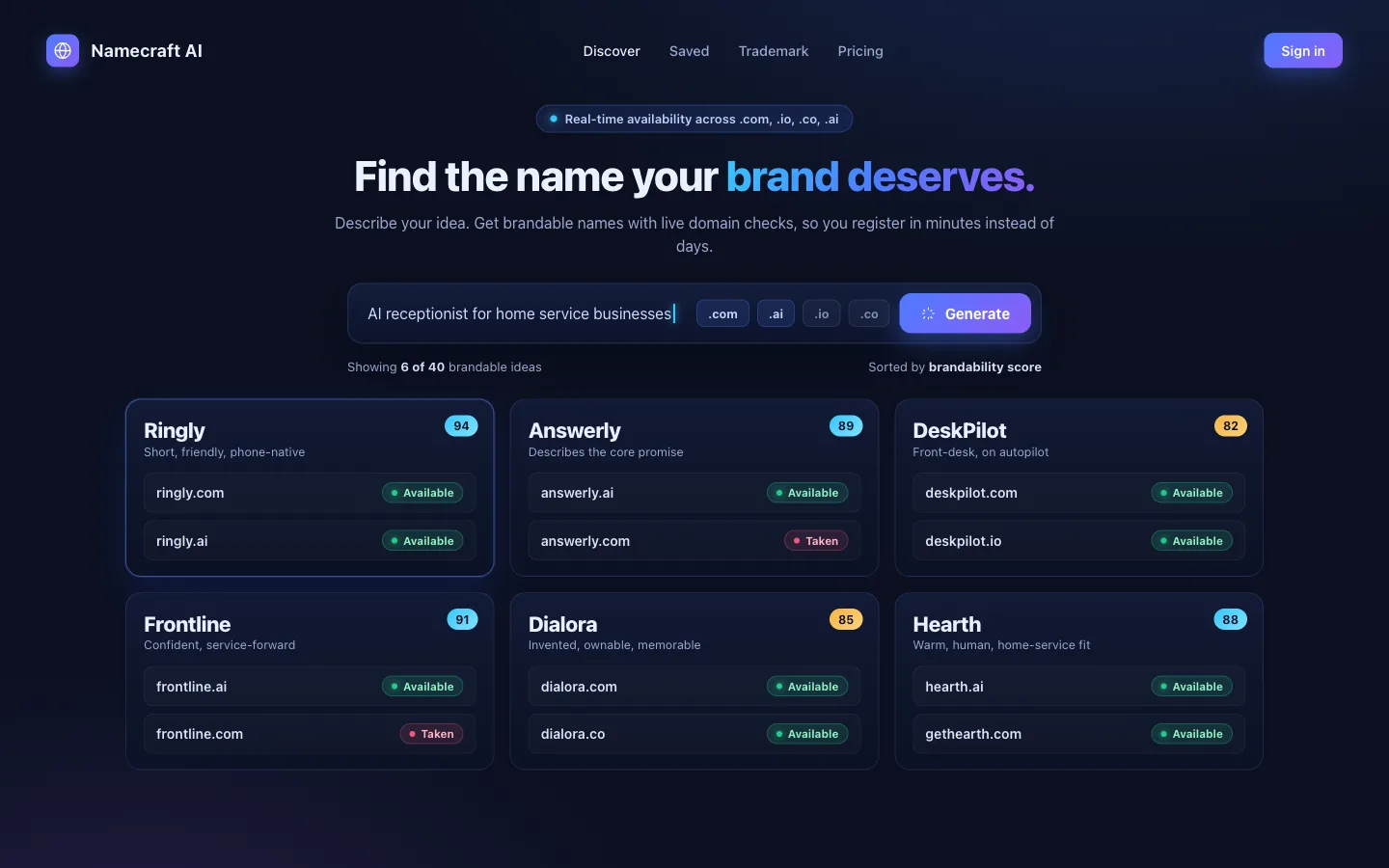 AI Domain Name Finder concept generating brandable names with live availability