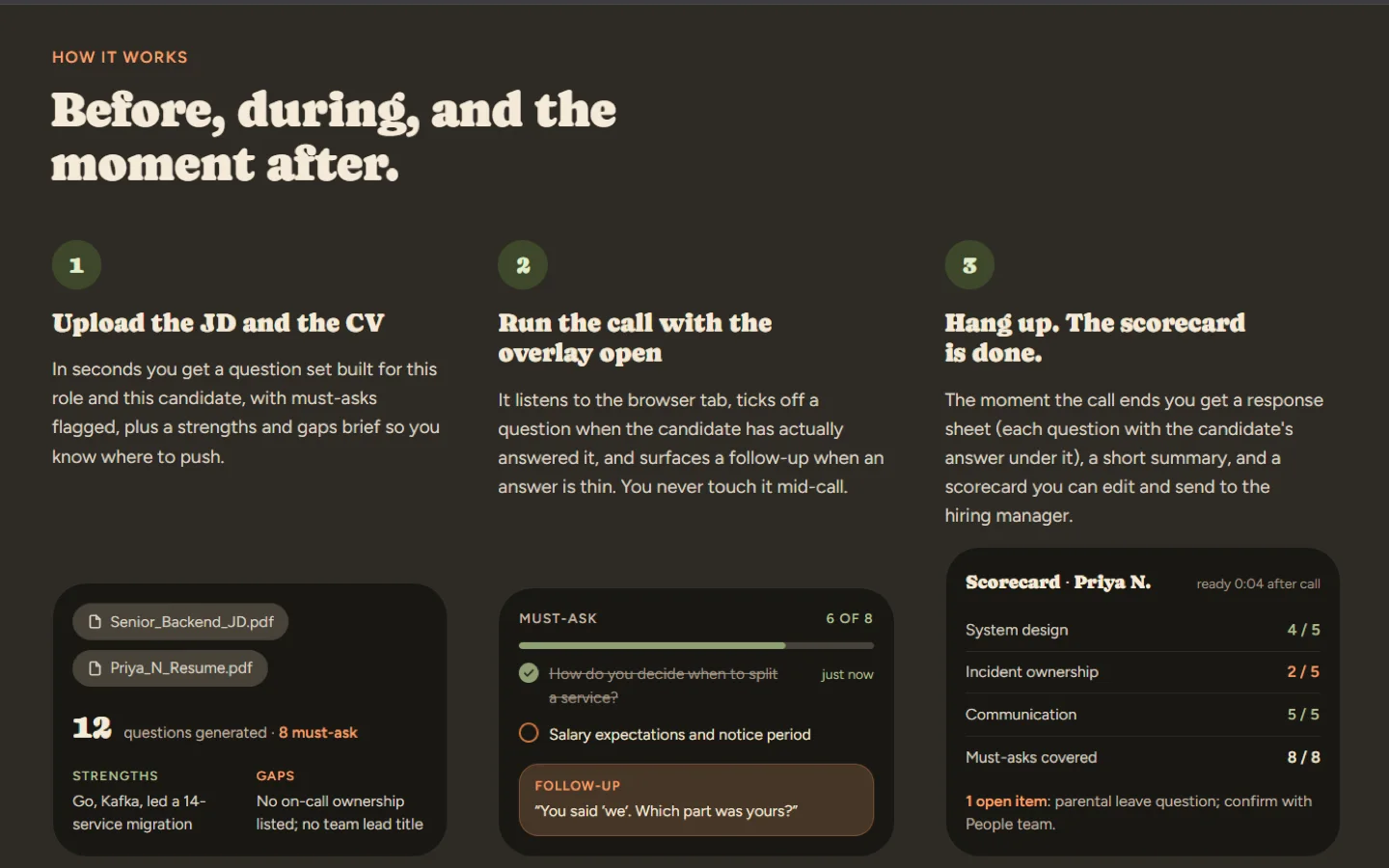 Reculogics question set, live follow-ups and post-call scorecard