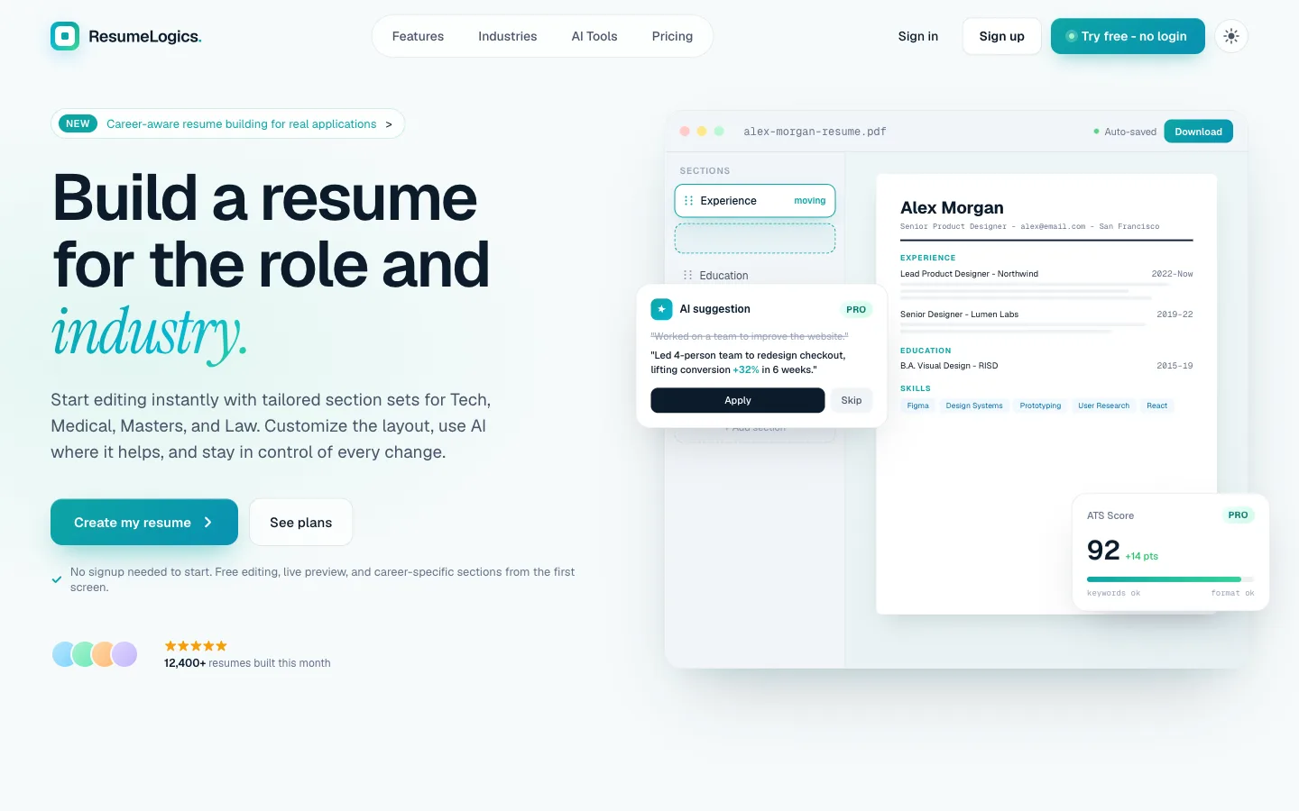 ResumeLogics resume editor with live AI suggestions and ATS score