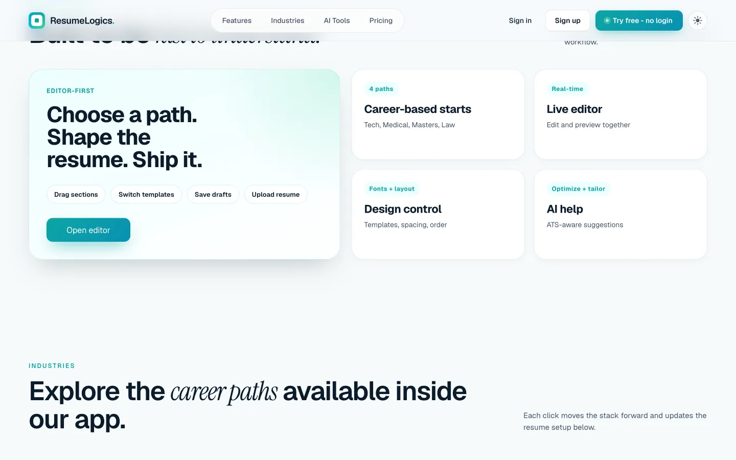 ResumeLogics career-based starts and live editor features